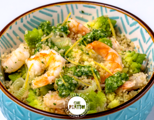 Cous-cous integrale con gamberi al limone e broccoli romaneschi al vapore