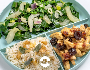 Riso basmati integrale con bietole alle noci e pollo con ciliegie e salvia